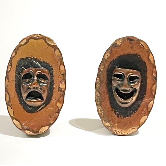 Vintage Theatre Masks Comedy and Tragedy Clip On Earrings Actor Performer Drama - Picture 8 of 8